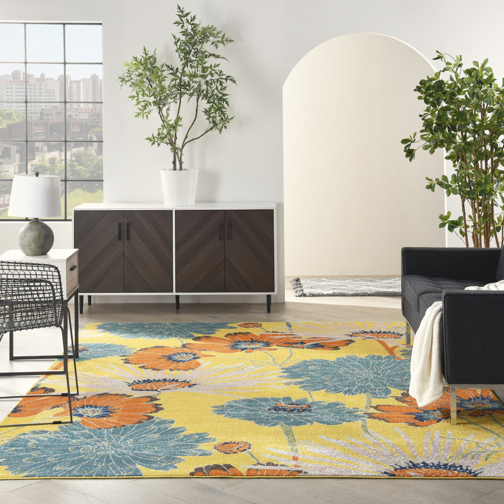 9' X 12' Yellow Floral Power Loom Area Rug